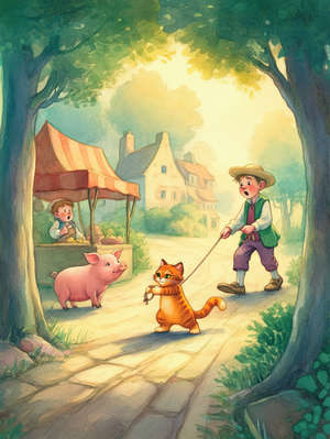 PUSS HELPS A STRANGER CATCH A RUNAWAY PIG