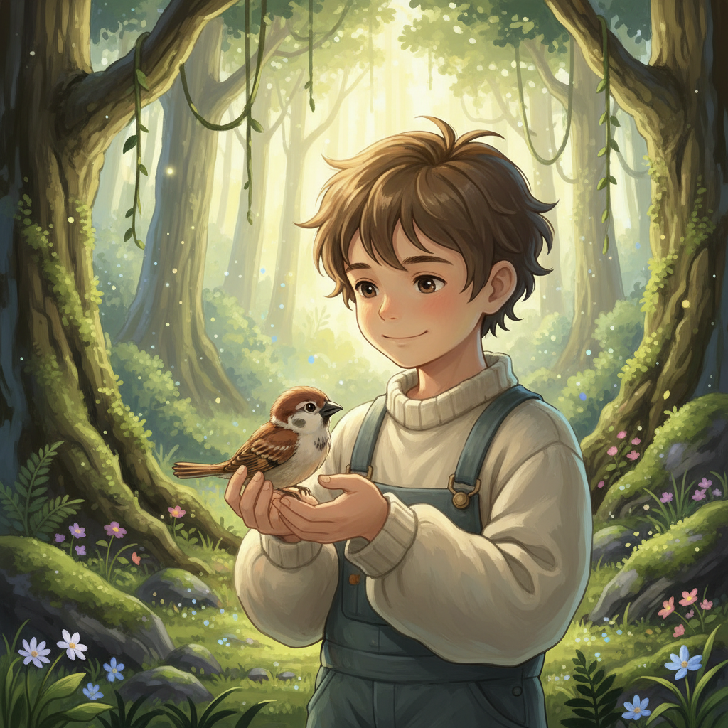 A Ghibli-style illustration of the boy finding the injured bird.