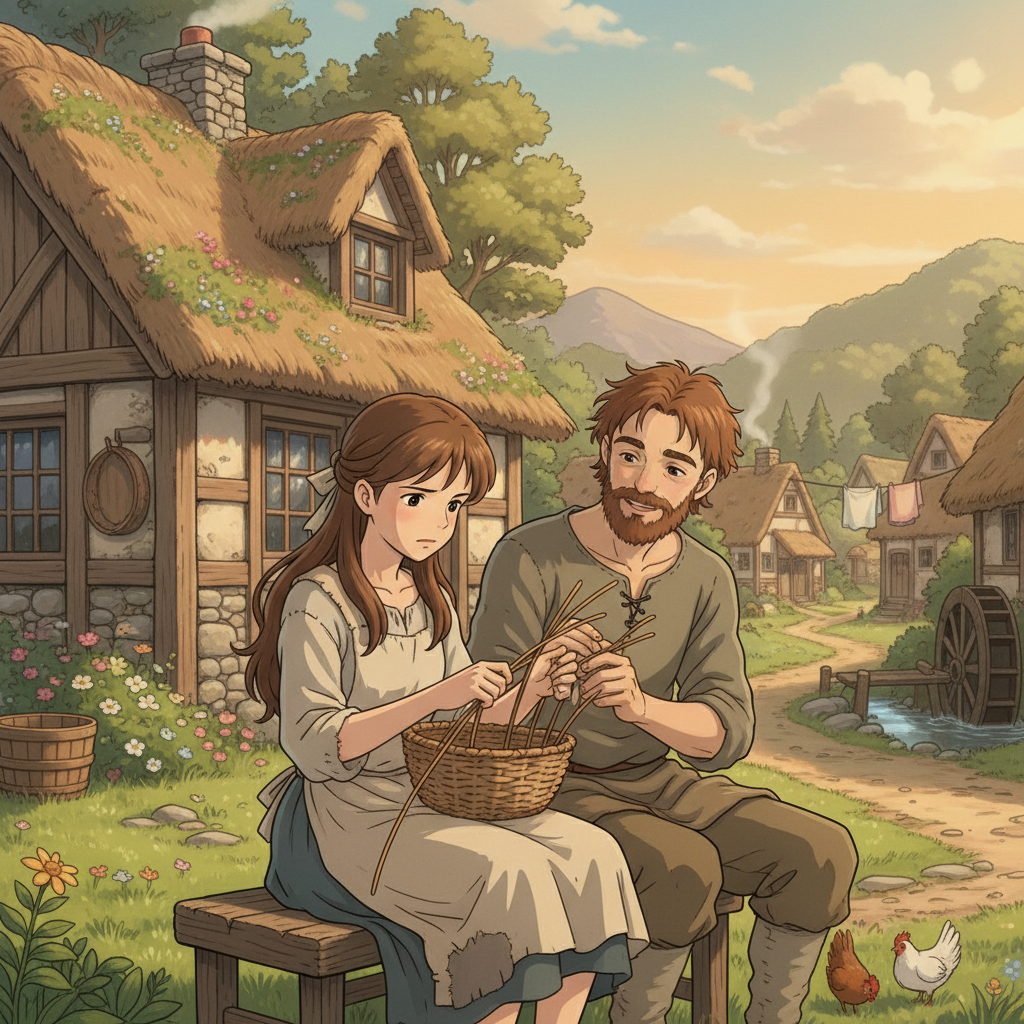 A Ghibli-style illustration of the Princess and King Thrushbeard at the cottage.