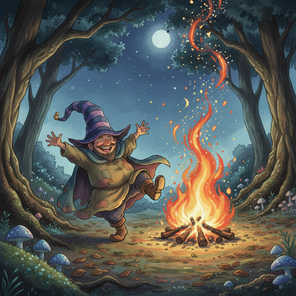 A Ghibli-style illustration of Rumpelstiltskin dancing by his fire in the forest.
