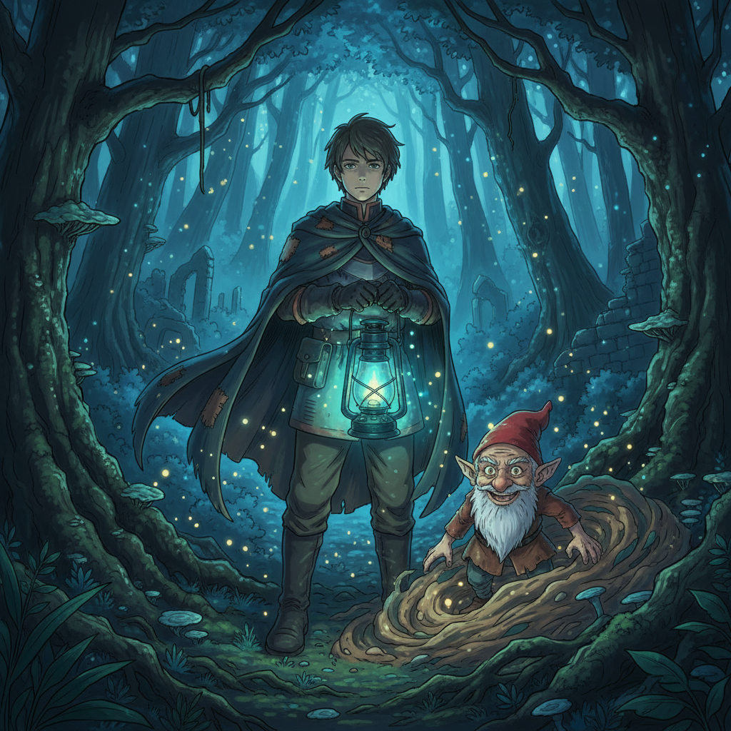 A Ghibli-style illustration of the soldier with the Blue Light and the gnome.