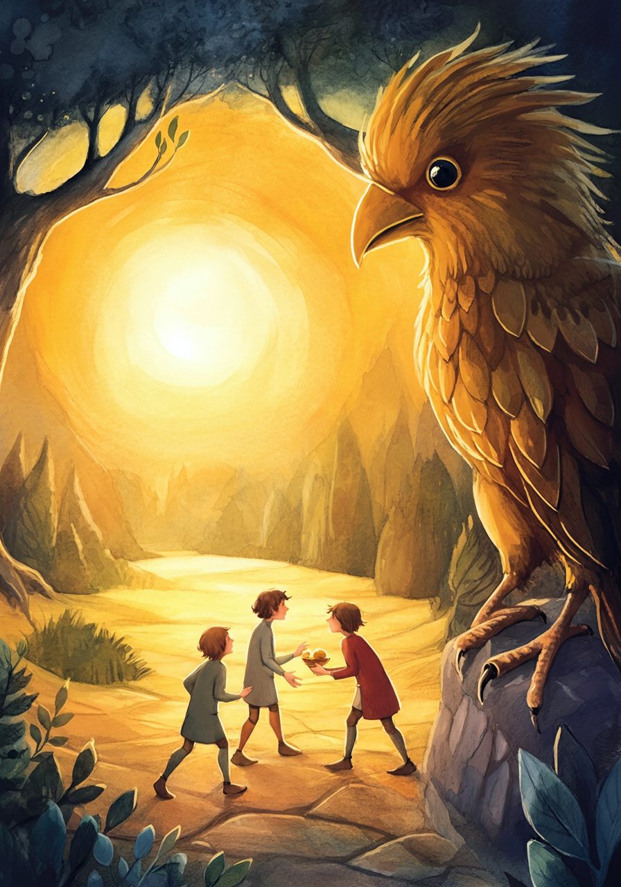 A Ghibli-style illustration of the Golden Bird in the palace garden.