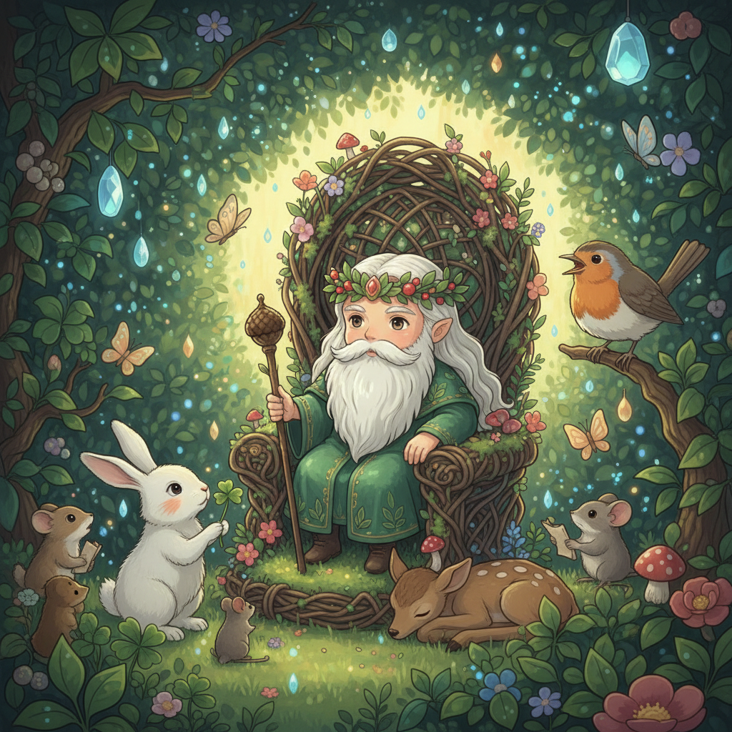 A Ghibli-style illustration of the Hedge-King on his throne.