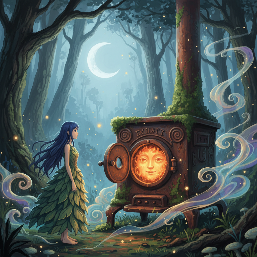 A Ghibli-style illustration of the Princess and the Iron Stove in the forest.