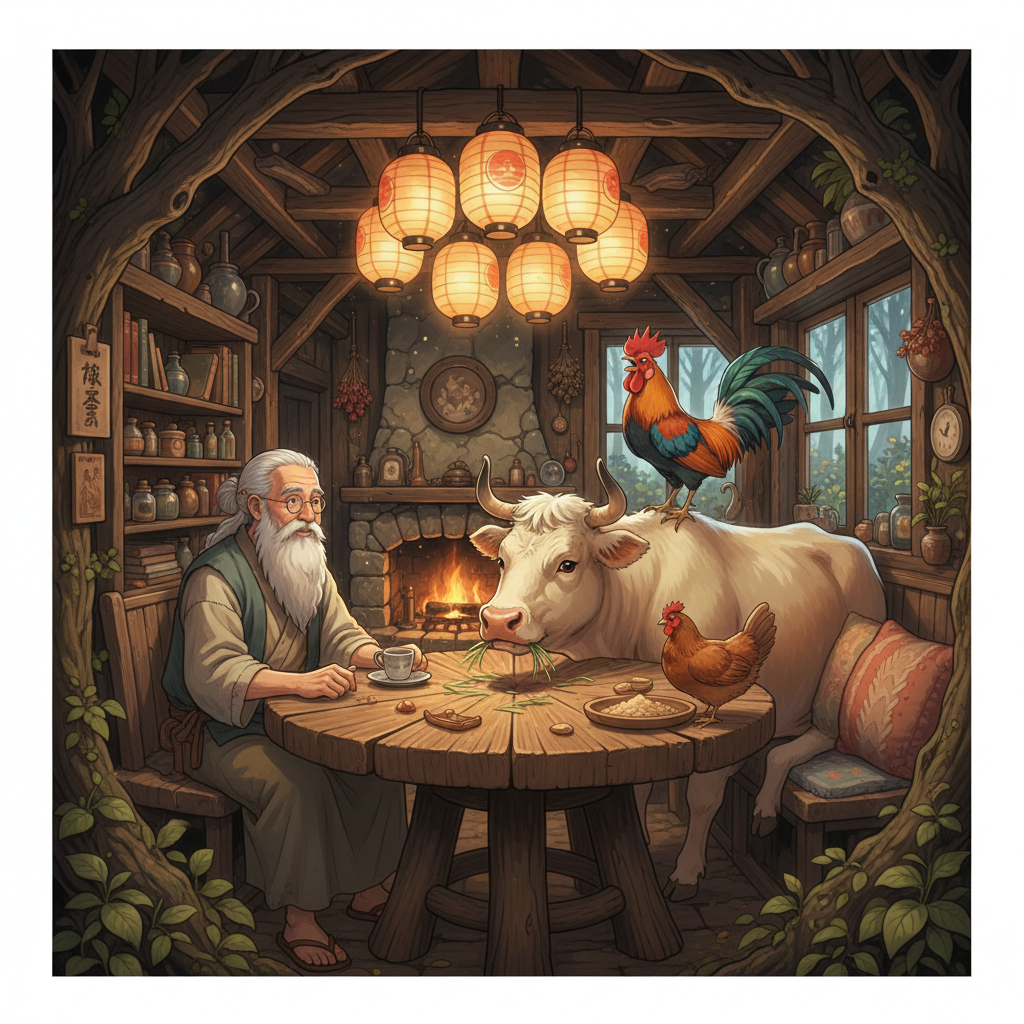 A Ghibli-style illustration of the cozy Little House in the Wood.