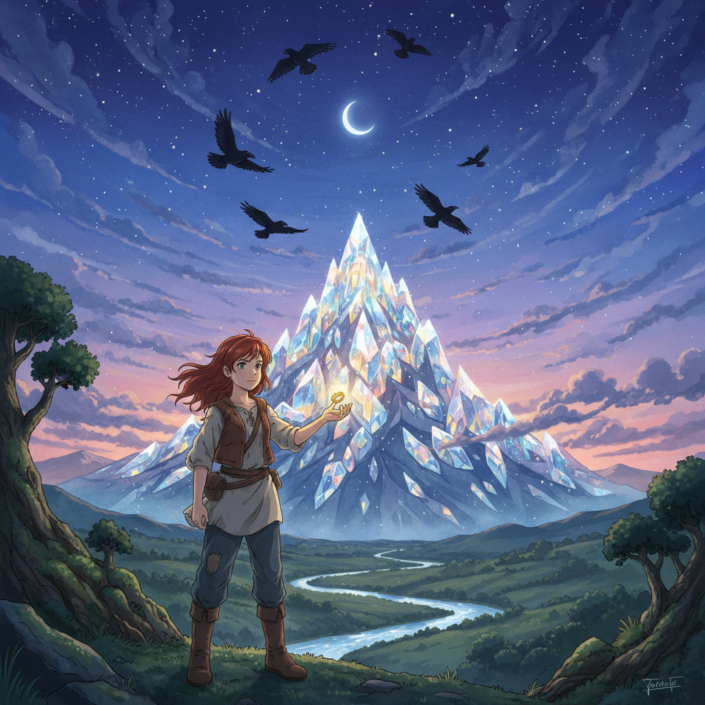 A Ghibli-style illustration of the sister at the Glass Mountain.