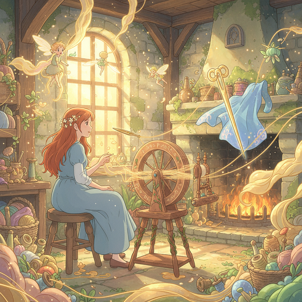 A Ghibli-style illustration of the princess with the magical spinning tools.