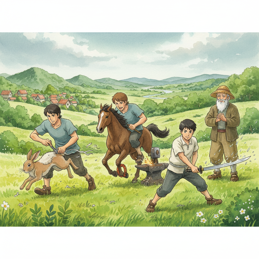 A Ghibli-style illustration of the three brothers and their incredible skills.
