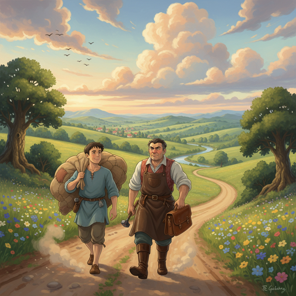 A Ghibli-style illustration of the Two Travelers on their journey.