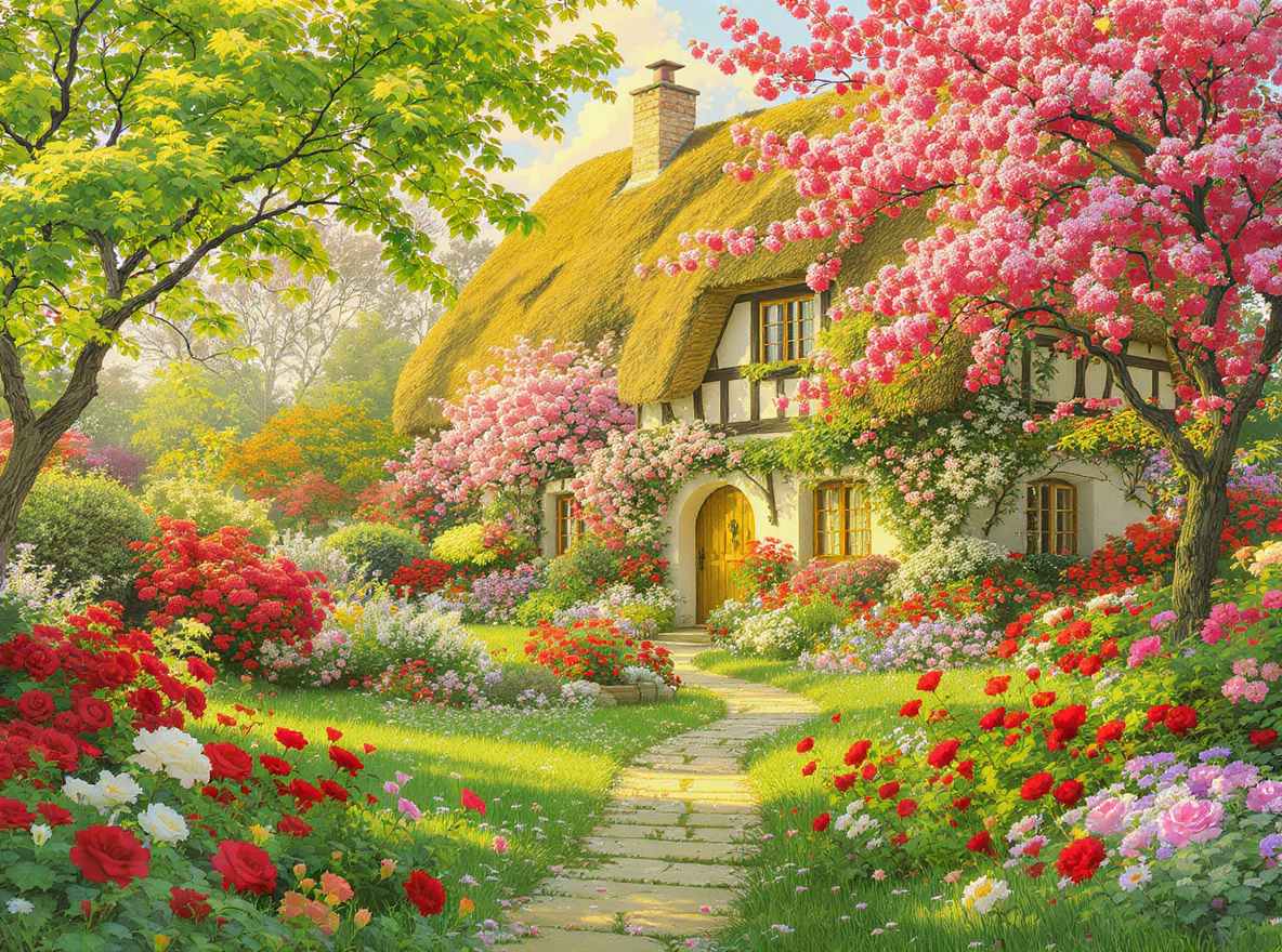 Cottage Garden with Rose-Trees